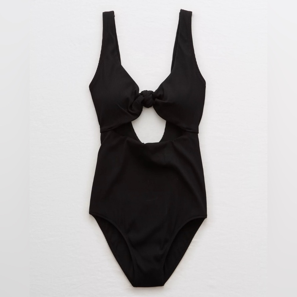 Aerie Black Ribbed Knot Cut-Out One Piece Swimsuit - Size M, Like New!